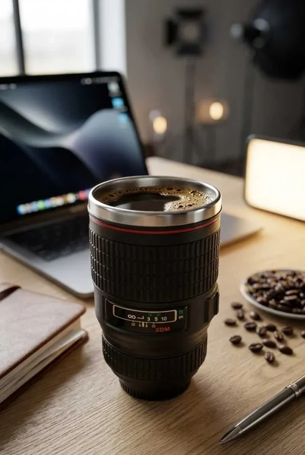 Elivera Camera Lens Coffee Large Mug - Creative Travel Cup with Lid