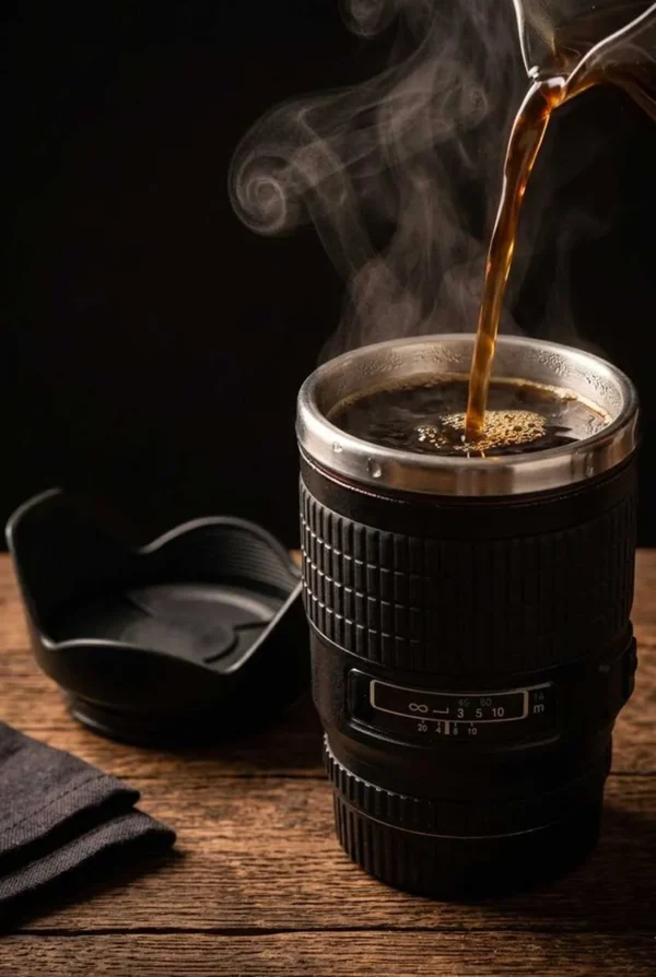 Elivera Camera Lens Coffee Mug - Creative Travel Cup with Lid