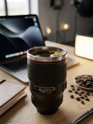 Elivera Camera Lens Coffee Mug - Creative Travel Cup with Lid