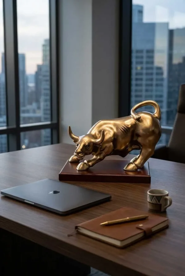 Elivera Charging Bull Sculpture with Wooden Base - Symbol of Power, Wealth and Leadership