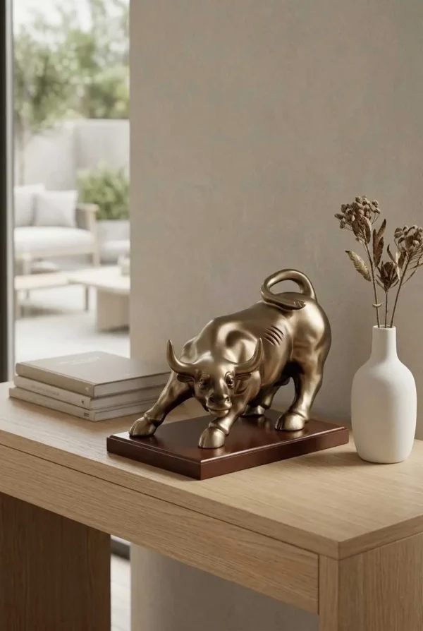 Elivera Charging Bull Sculpture with Wooden Base - Symbol of Power, Wealth and Leadership