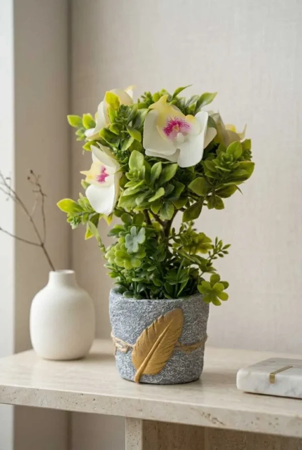 Elivera Feather Stone Planter - Floral Stone Pot