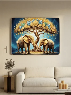 Elivera Golden Elephant Tree Canvas Wall Art - Symbol of Strength, Growth and Abundance