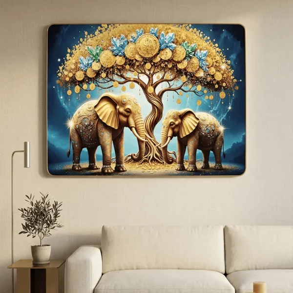 Elivera Golden Elephant Tree Canvas Wall Art - Symbol of Strength, Growth and Abundance