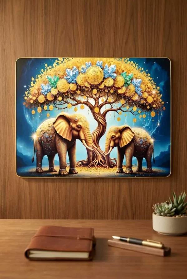 Elivera Golden Elephant Tree Canvas Wall Art - Symbol of Strength, Growth and Abundance