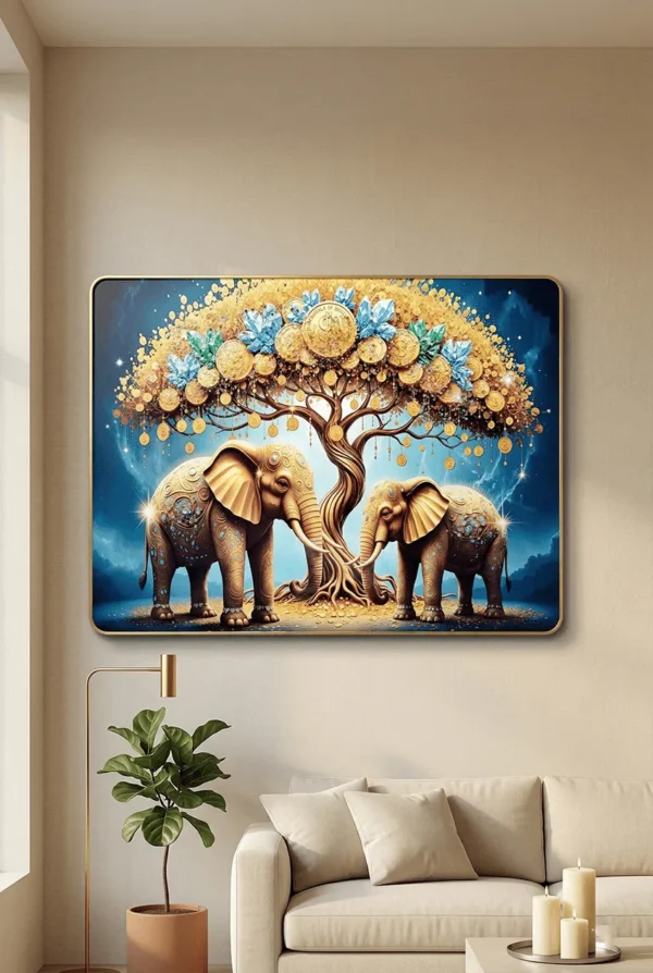 Elivera Golden Elephant Tree Canvas Wall Art - Symbol of Strength, Growth and Abundance