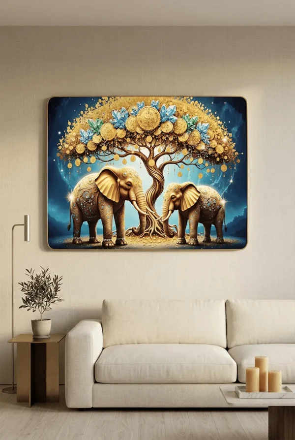 Elivera Golden Elephant Tree Canvas Wall Art - Symbol of Strength, Growth and Abundance