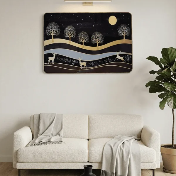 Elivera Golden Forest Deer Moonlight Canvas - Elegant Night Landscape Wall Art