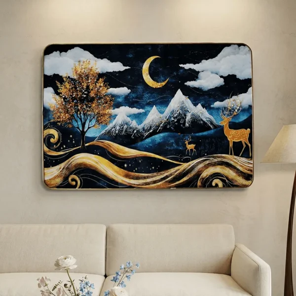 Elivera Golden Forest Deer Full Moon Canvas - Premium Nature Nightscape Wall Art