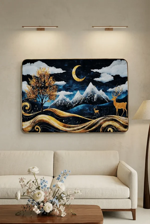 Elivera Golden Forest Deer Full Moon Canvas - Premium Nature Nightscape Wall Art