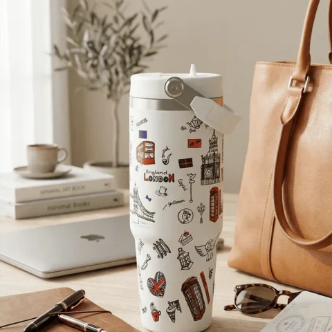 Elivera London Travel Coffee Mug - Insulated Sipper with Lid for Everyday Use