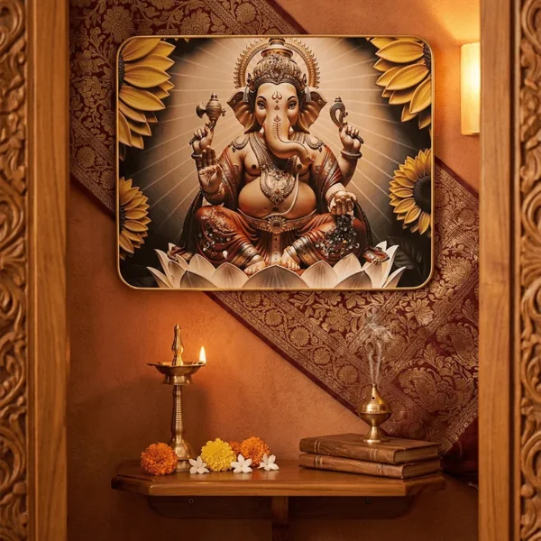 Elivera Radiant Ganesha with Floral Aura Canvas Wall Art - Symbol of Joy and Abundance