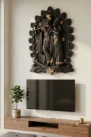 Elivera Vrindavan Radha Krishna Wall Panel - Premium Finish Wooden Black and Gold