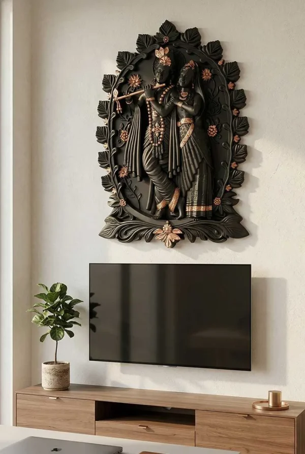 Elivera Vrindavan Radha Krishna Wall Panel - Premium Finish Wooden Black and Gold