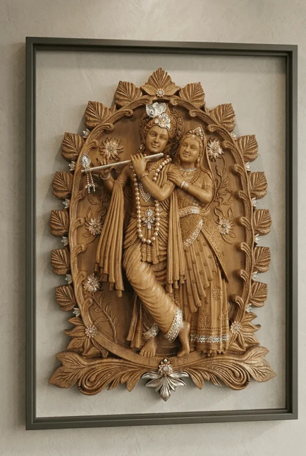 Elivera Vrindavan Radha Krishna Wall Panel - Premium Finish Wooden Black and Gold