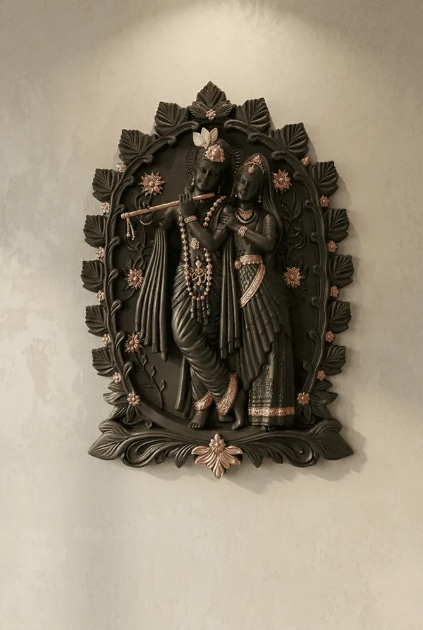Elivera Vrindavan Radha Krishna Wall Panel - Premium Finish Wooden Black and Gold