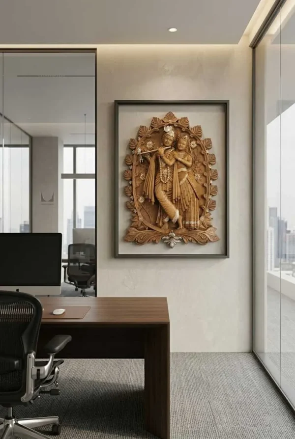 Elivera Vrindavan Radha Krishna Wall Panel - Premium Finish Wooden Black and Gold