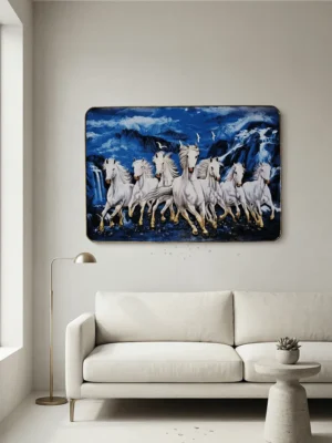 Elivera White Running Horses Blue Horizon Canvas - Symbol of Growth and Success