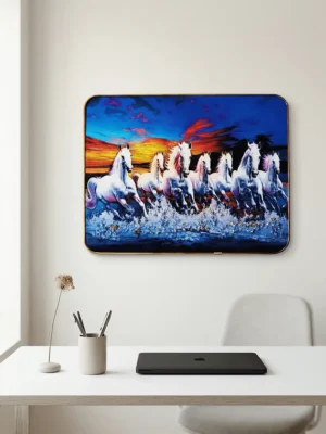 Elivera White Running Horses Blue Horizon Canvas - Symbol of Success and Growth