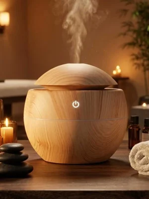 Elivera Wooden Aroma Diffuser - Round Mist Humidifier with LED Light