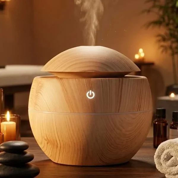 Elivera Wooden Aroma Diffuser - Round Mist Humidifier with LED Light